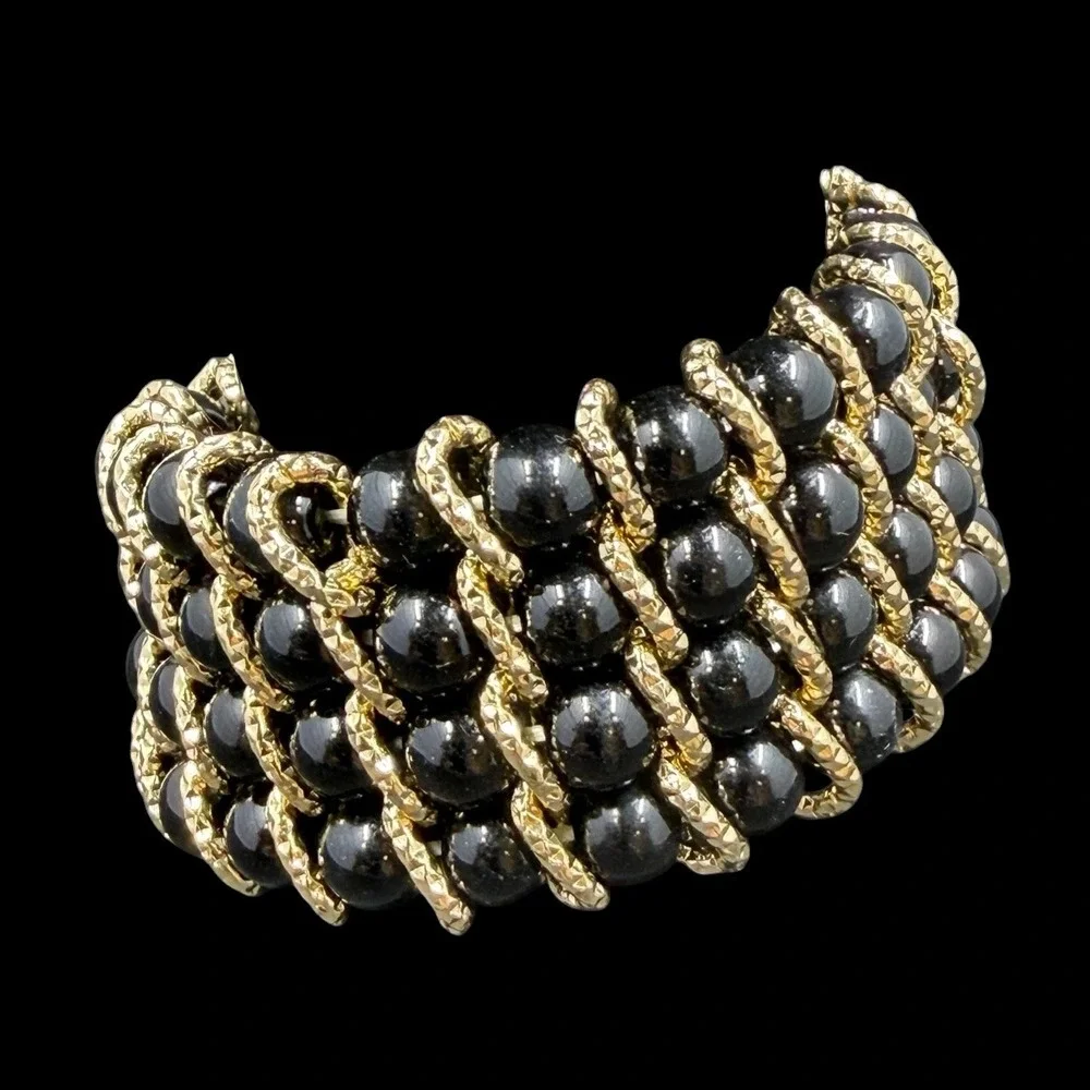 Beautiful Black Beaded Stretch Cuff Bracelet Gold Tone Wide Statement Chunky NWT